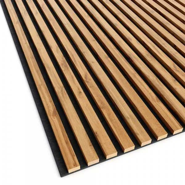 Rustic OAK Acoustic Slatted Wall Panels closeup on white background DecorMania.eu